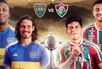 De um lado, Advincula e Cavani, do Boca Juniors; do outro, André e Cano, do Fluminense; entre eles, a taça da Libertadores