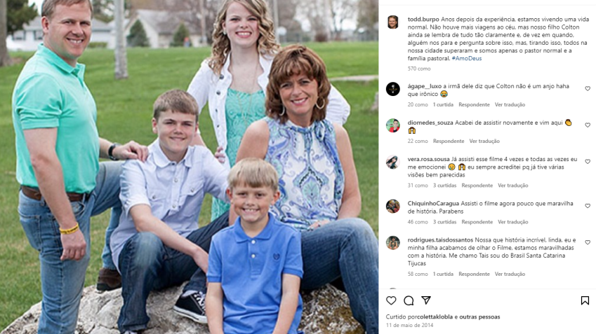 Todd Burpo publicou em suas redes sociais sobre a vida de sua família, mais de 10 anos após a experiência vivida pelo filho, Colton • Instagram/ Todd Burpo
