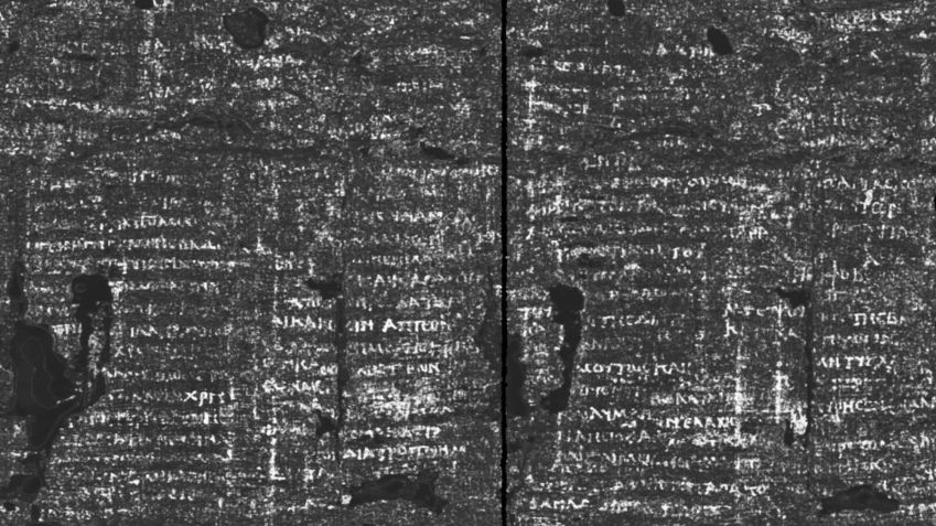 O pergaminho foi desembrulhado digitalmente para revelar a escrita, que os pesquisadores estão trabalhando para decodificar • Vesuvius Challenge via CNN Newsource
