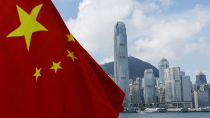 Bandeira da China no distrito financeiro de Hong Kong